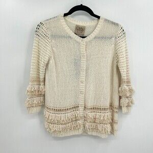 NWT CHASER Cream Crochet Knit Fringe Boho Button Up Cardigan Sweater Size Medium